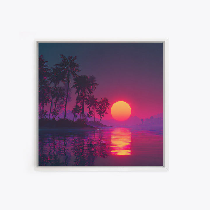 Neon Tropical Sunset Palm Tree Beach Wall Art, Vibrant Retro Coastal Landscape Canvas Print Home Decor