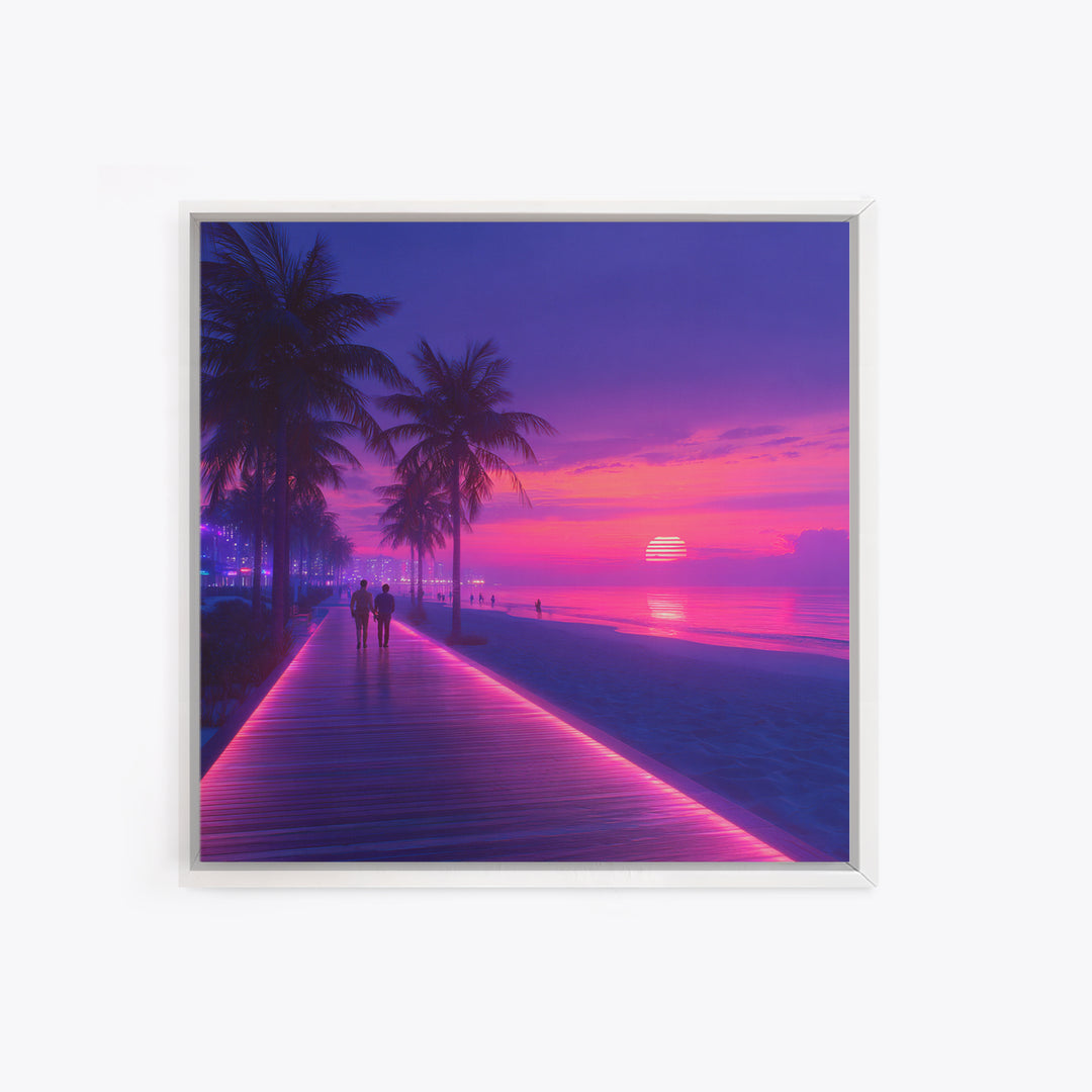 Neon Pink Boardwalk Beach Sunset Wall Art Retro Coastal Vibes Colorful Modern Home Decor Large Canvas Print Living Room Wall Art