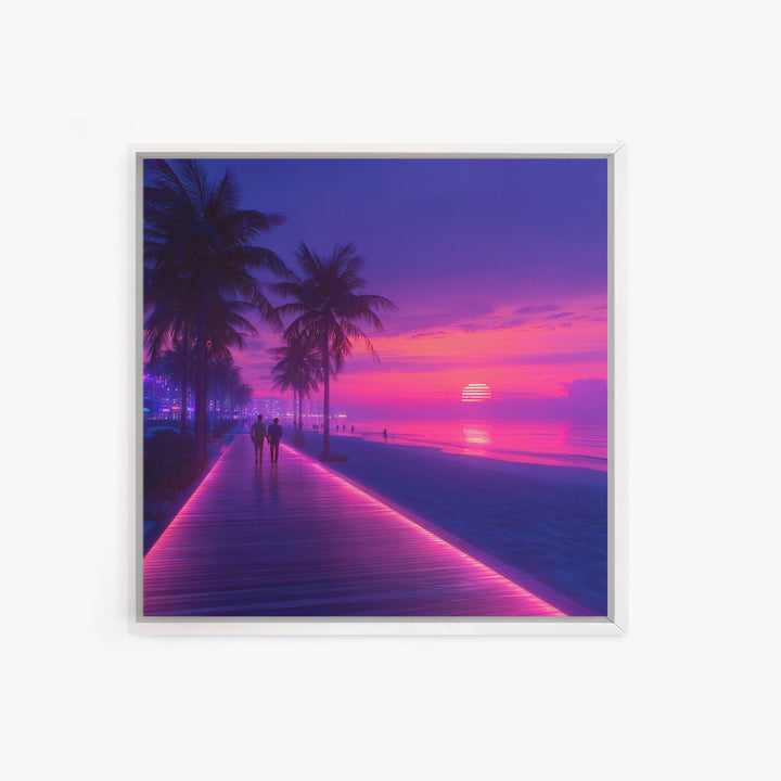 Neon Pink Boardwalk Beach Sunset Wall Art Retro Coastal Vibes Colorful Modern Home Decor Large Canvas Print Living Room Wall Art