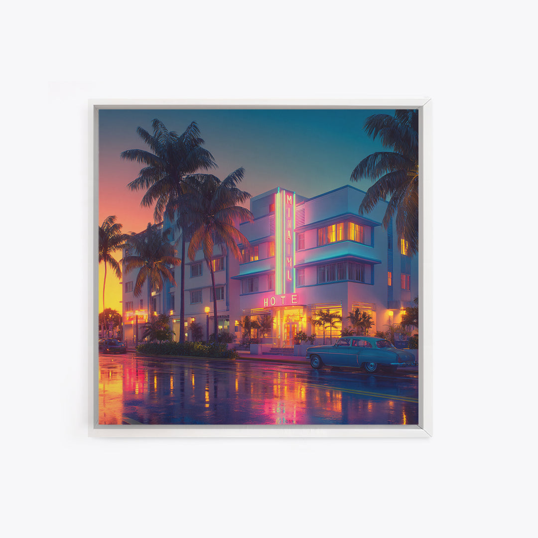 Miami Art Deco Hotel Night Cityscape Wall Art, Neon Coastal Canvas Print, Retro Urban Home Decor For Living Room