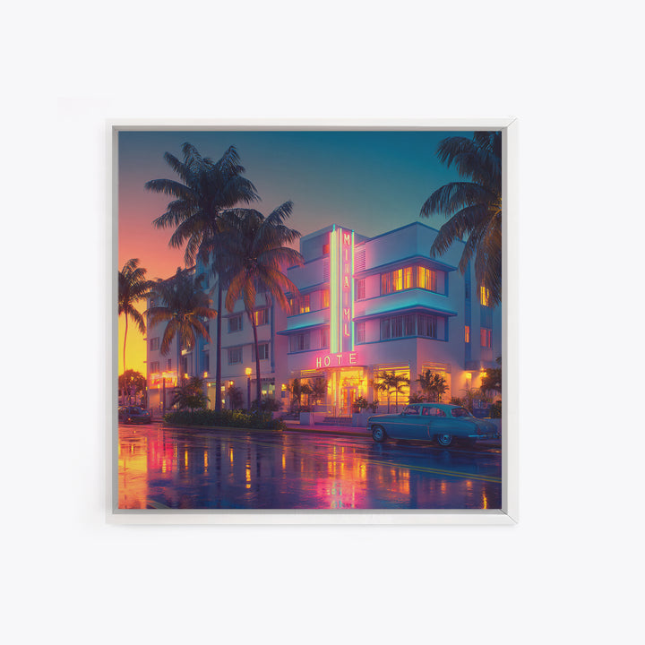 Miami Art Deco Hotel Night Cityscape Wall Art, Neon Coastal Canvas Print, Retro Urban Home Decor For Living Room