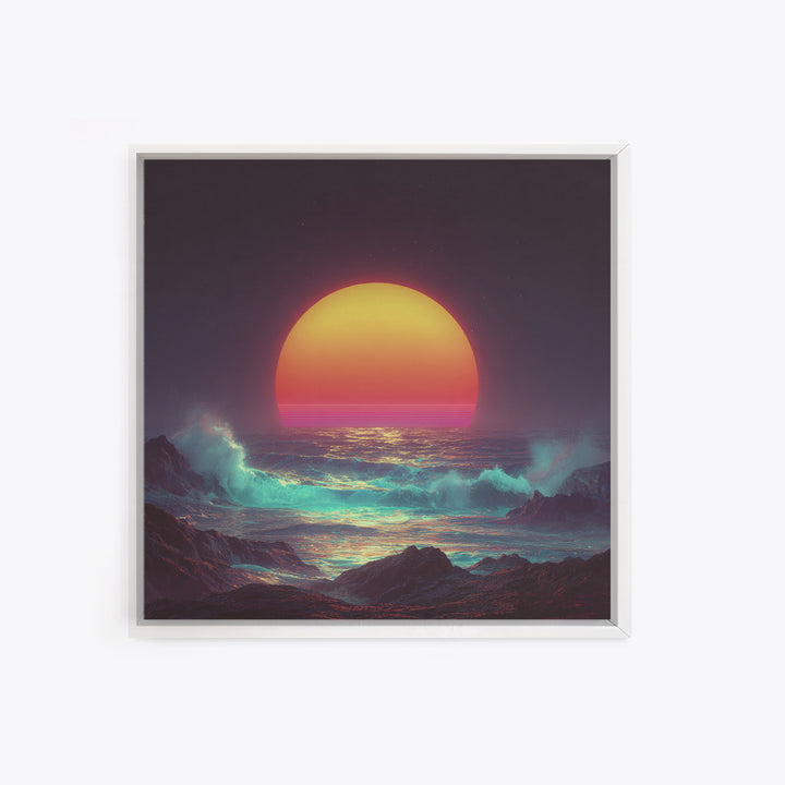 Vibrant Neon Ocean Sunset Waves Night Sky Wall Art Canvas Print Modern Coastal Decor Beach House Living Room Wall Art