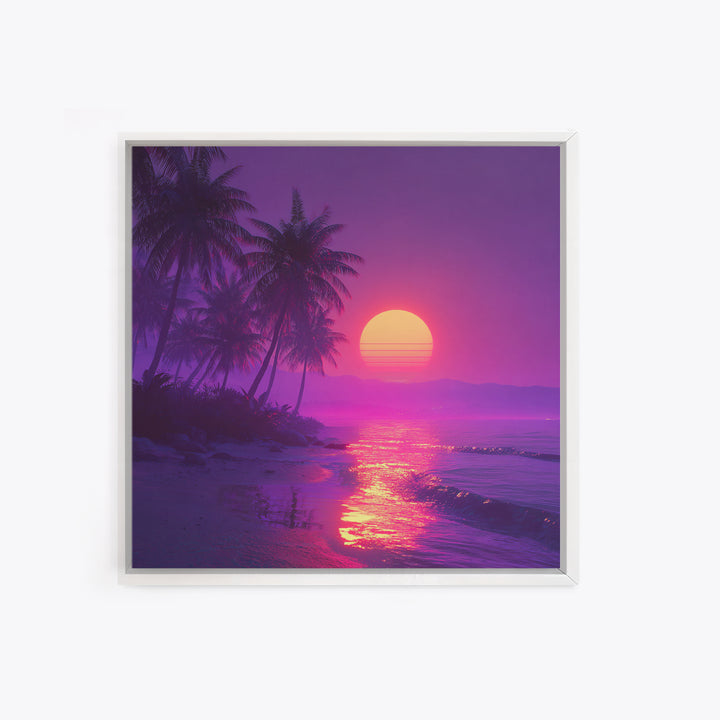 Neon Tropical Beach Sunset Wall Art, Vaporwave Palm Trees Canvas Print, Coastal Retro Ocean Art For Bedroom Or Living Room Decor