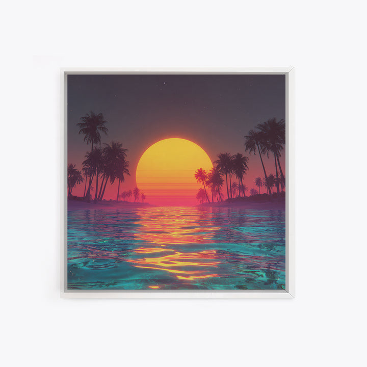 Neon Sunset Palm Beach Wall Art For Coastal Home Decor, Retro Tropical Ocean Canvas Print, Modern Coastal Wall Art