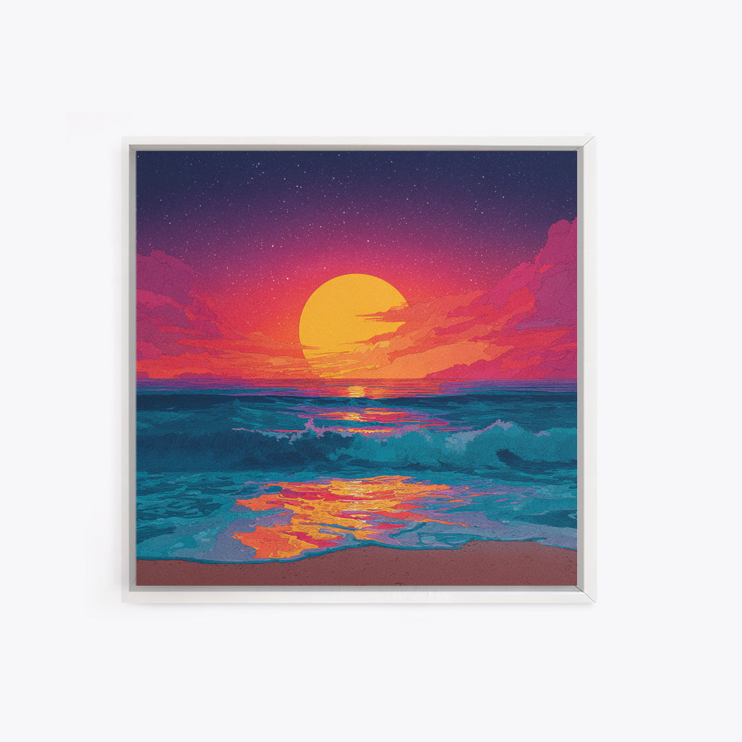 Colorful Ocean Sunset Waves Wall Art, Retro Beach Canvas Print, Modern Coastal Decor, Vibrant Seascape Living Room Art