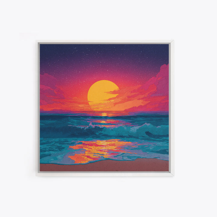 Colorful Ocean Sunset Waves Wall Art, Retro Beach Canvas Print, Modern Coastal Decor, Vibrant Seascape Living Room Art