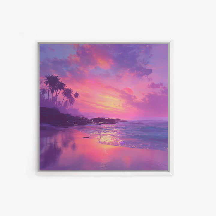 Dreamy Pink Ocean Sunset Wall Art, Tropical Beach Landscape Canvas Print, Pastel Coastal Home Decor For Living Room