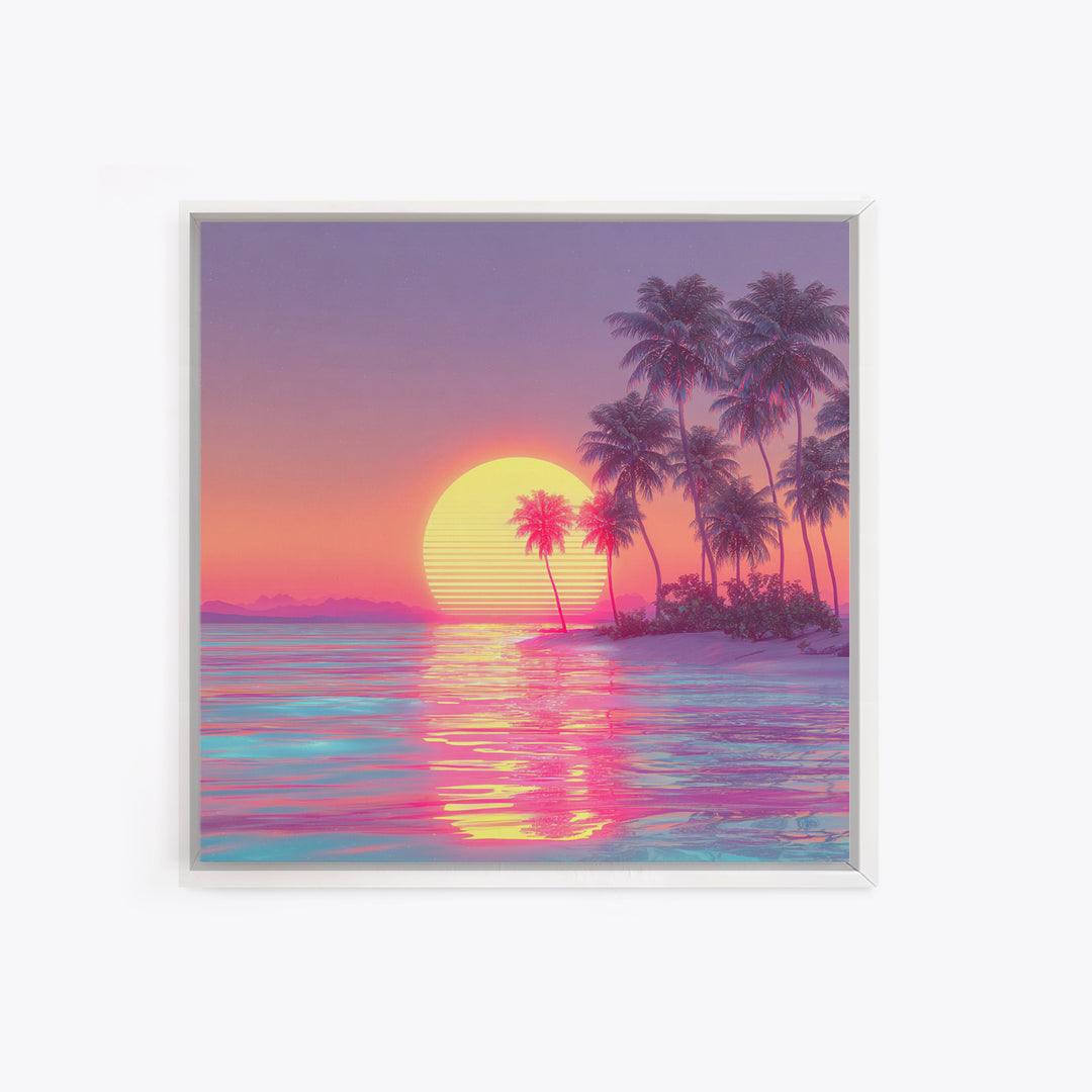 Dreamy Tropical Palm Trees Pink Sunset Beach Canvas Print, Coastal Wall Art, Vaporwave Ocean Decor, Pastel Summer Poster