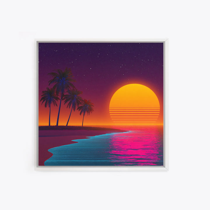 Neon Island Sunset Palm Tree Canvas Print, Retro Tropical Beach Wall Art, Bold Synthwave Coastal Decor, Colorful Bedroom Wall Art