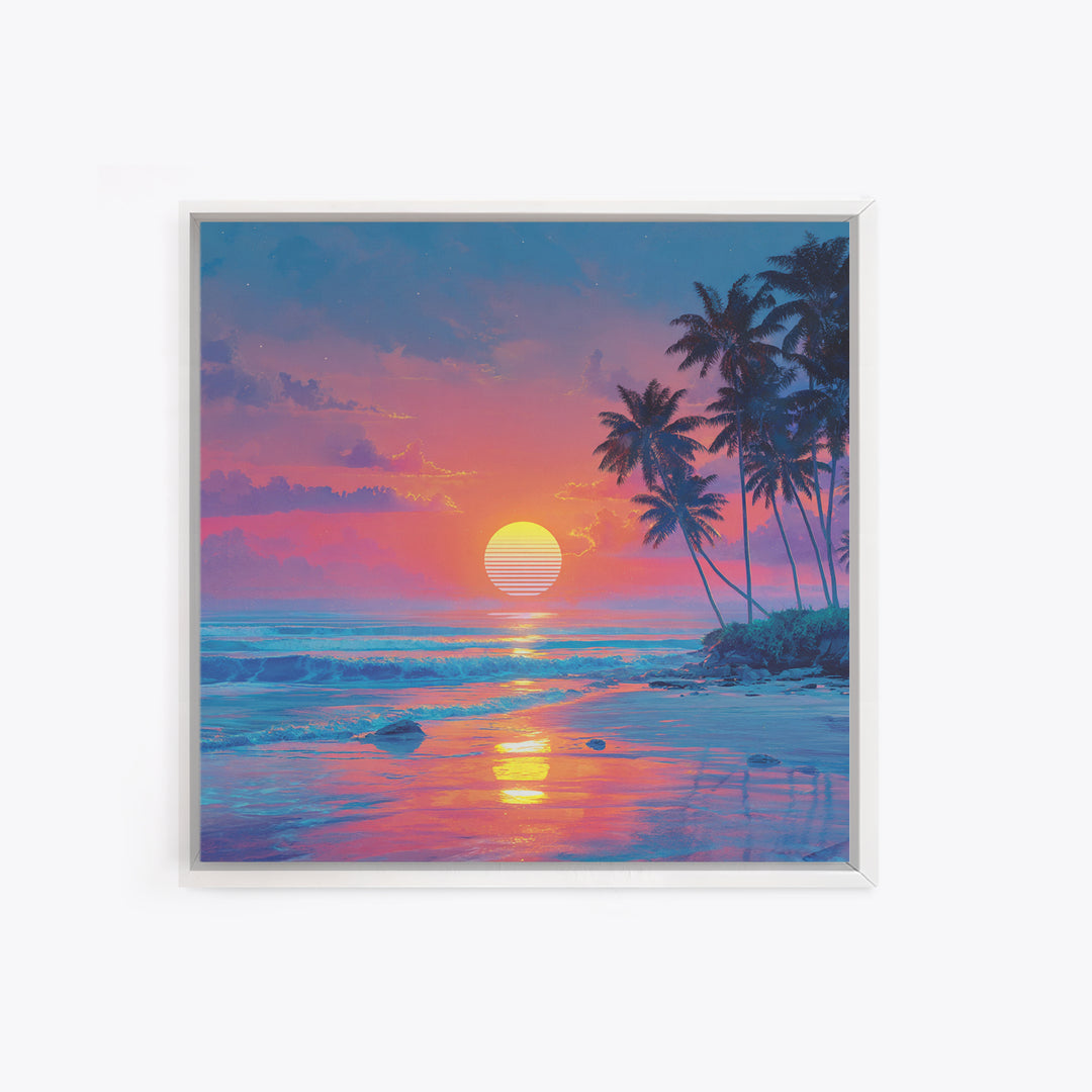 Dreamy Tropical Beach Sunset With Palms Wall Art, Pastel Coastal Canvas Print For Relaxing Modern Home Decor