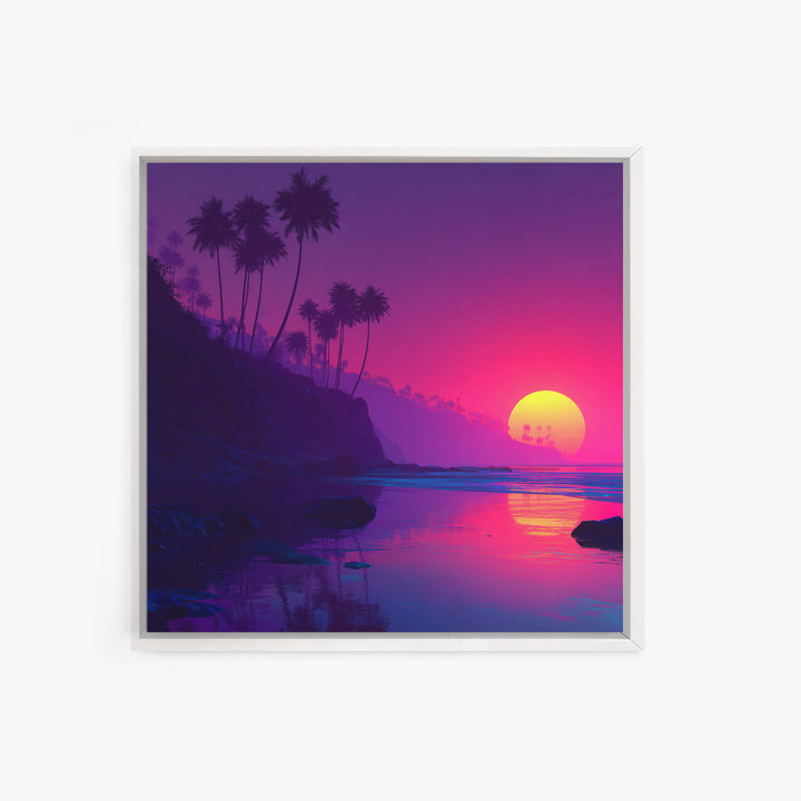 Neon Sunset Tropical Beach Wall Art, Vibrant Palm Tree Coastal Canvas Print For Modern Coastal Home And Bedroom Decor