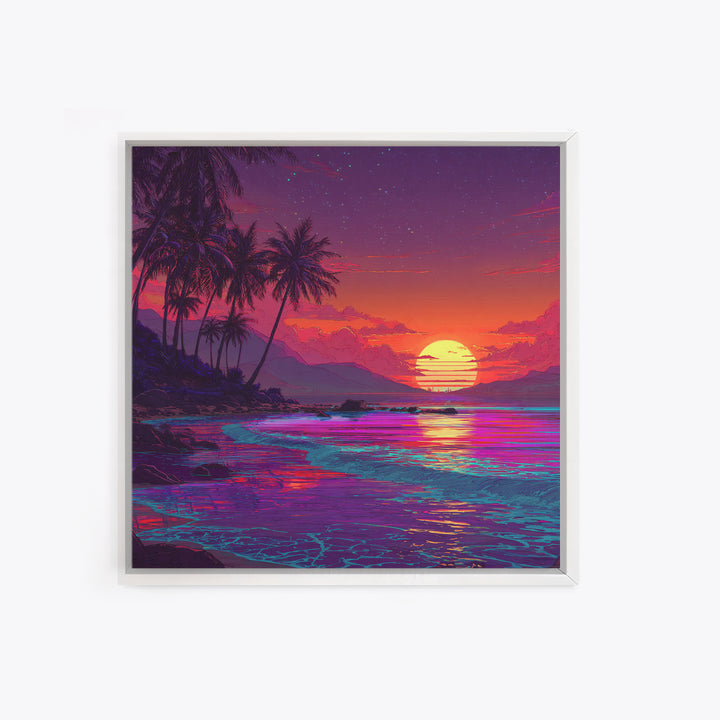 Neon Tropical Beach Sunset Wall Art, Vibrant Ocean Landscape Canvas Print, Retro Coastal Decor, Modern Living Room Wall Decor