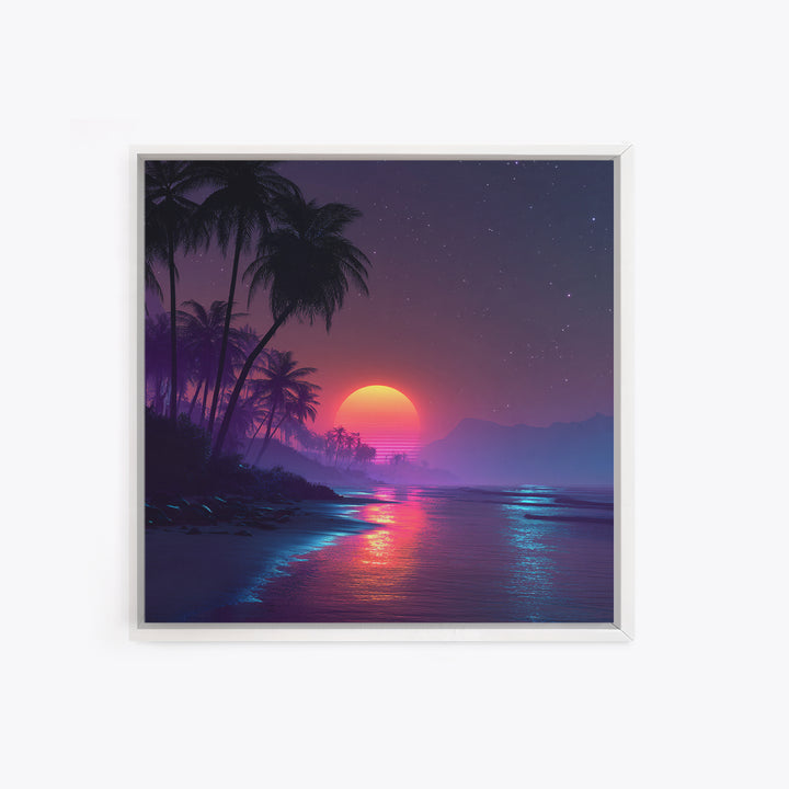 Neon Tropical Beach Sunset Wall Art, Retro Coastal Palm Tree Canvas Print, Vibrant Ocean Night Sky Home Decor