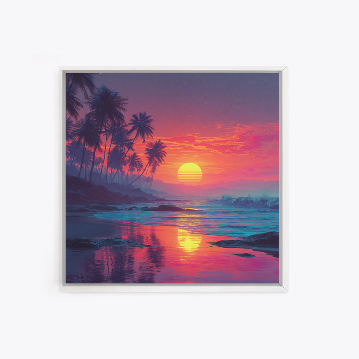 Tropical Pink Sunset Beach Wall Art, Palm Tree Coastal Ocean Canvas Print For Modern Coastal Decor And Bedroom Wall