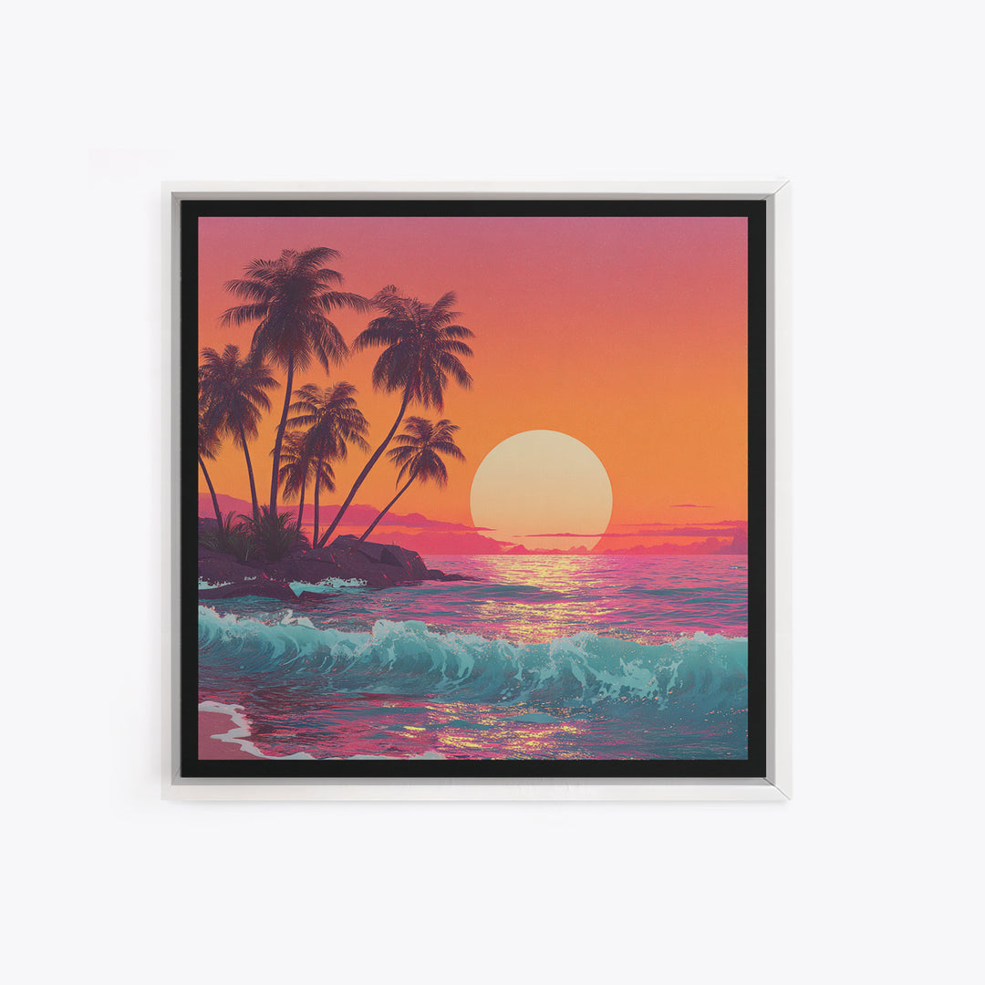 Retro Tropical Sunset Wall Art, Pink And Orange Beach Canvas Print, Aesthetic Coastal Decor For Bedroom