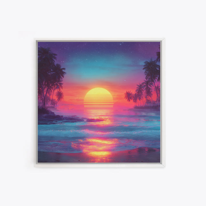 Neon Tropical Sunset Beach Wall Art, Retro Ocean Landscape Canvas Print, Coastal Home Decor, Modern Abstract Seascape
