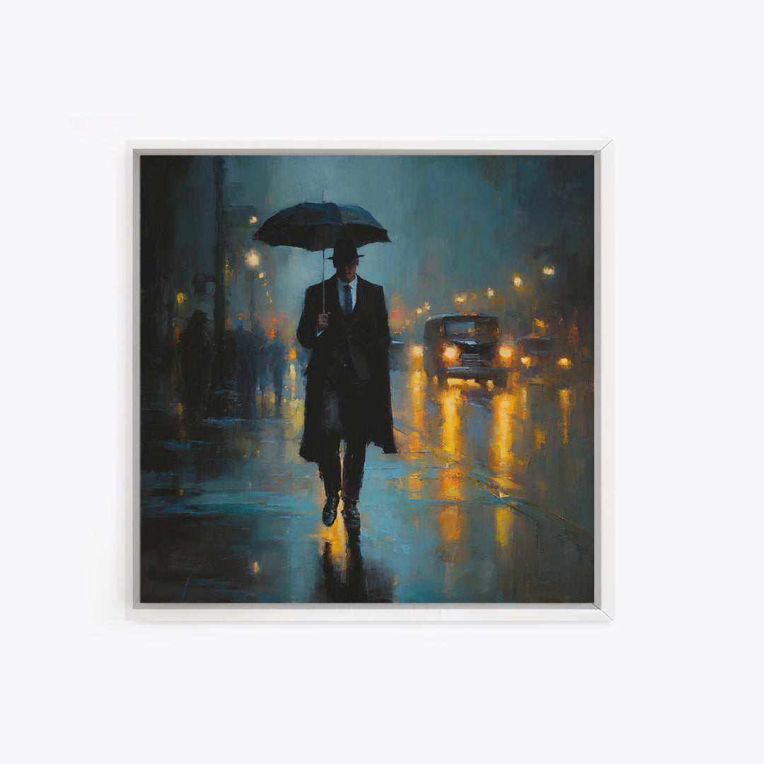 Noir Gentleman With Umbrella In Rainy City Wall Art, Moody Oil Painting Print, Dark Academia Office Decor, Gift For Him