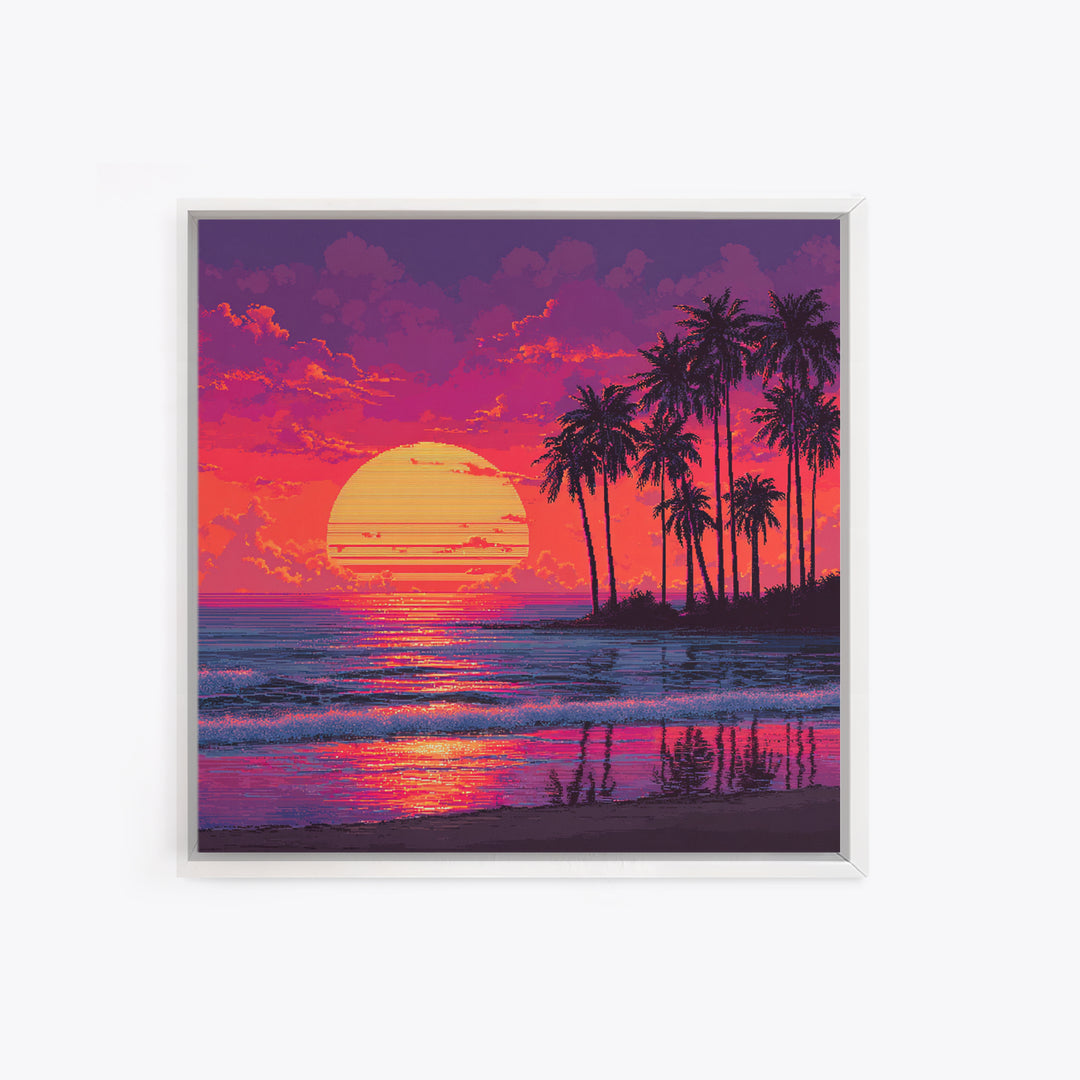 Pixel Art Tropical Sunset Beach Wall Art, Retro 8 Bit Palm Landscape Canvas Print, Colorful Gaming Room Decor