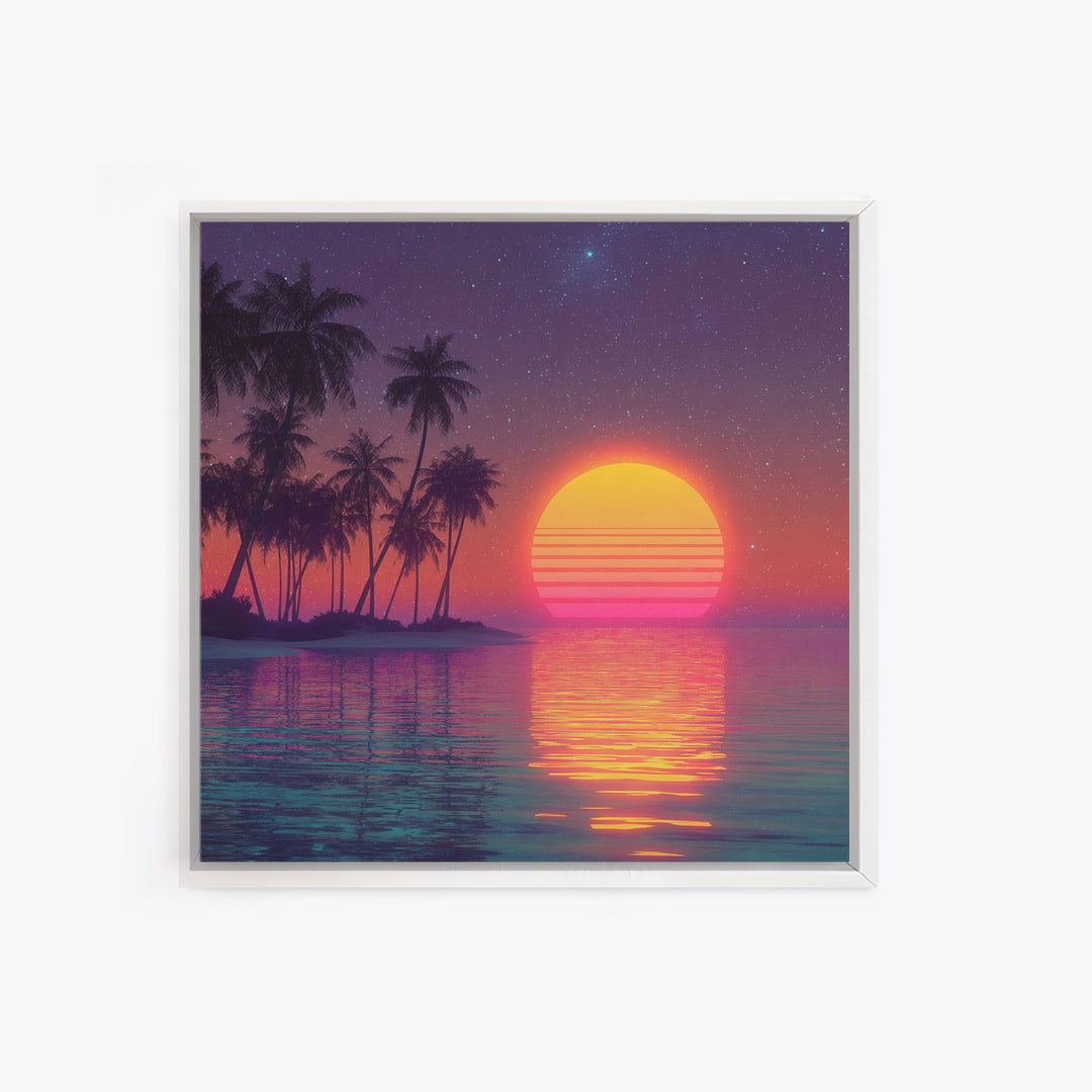 Neon Tropical Beach Palm Trees Retro Sunset Night Sky Wall Art Canvas Print Coastal Decor Bedroom Living Room Wall Art