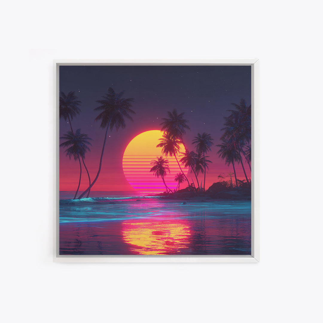 Neon Tropical Beach Sunset With Palms Wall Art, Retro Vaporwave Ocean Night Sky Canvas Print