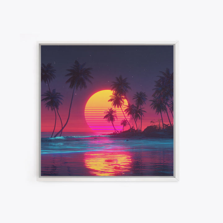 Neon Tropical Beach Sunset With Palms Wall Art, Retro Vaporwave Ocean Night Sky Canvas Print