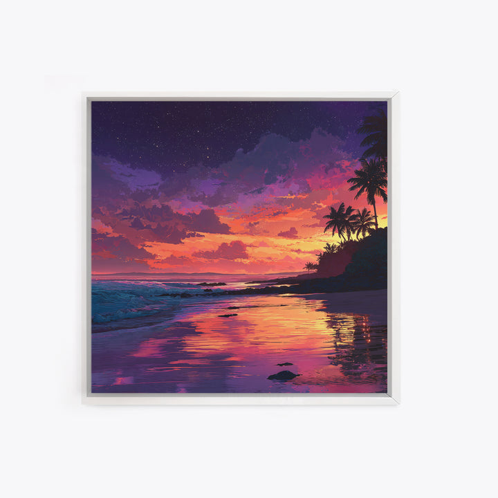 Vibrant Tropical Sunset Beach Wall Art, Colorful Coastal Ocean Painting Print, Summer Beach House Decor Living Room Wall Art