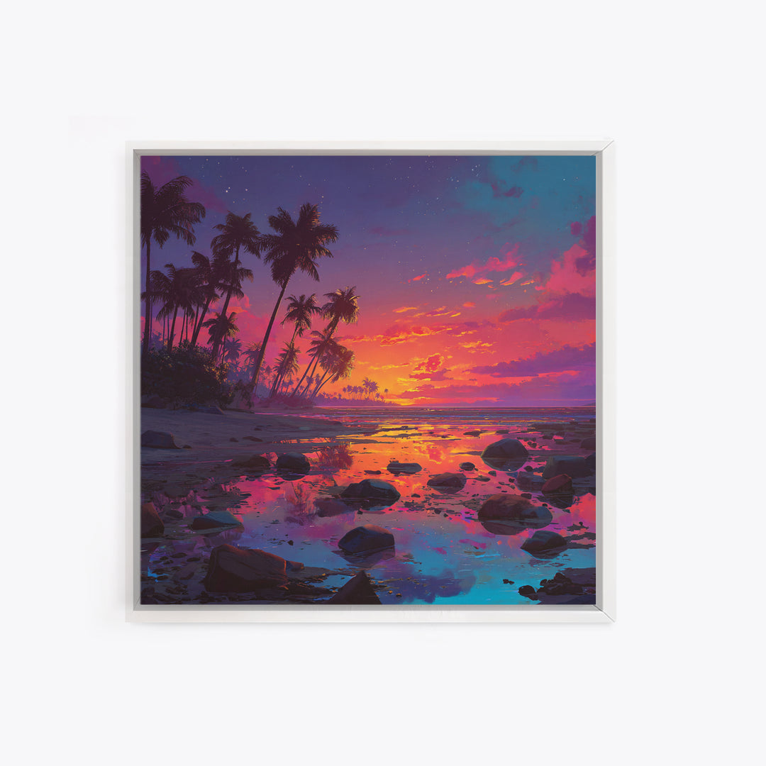 Serene Tropical Sunset With Palm Trees Reflection Over Water Vibrant Wall Art Framed Canvas Print For Coastal Home Decor