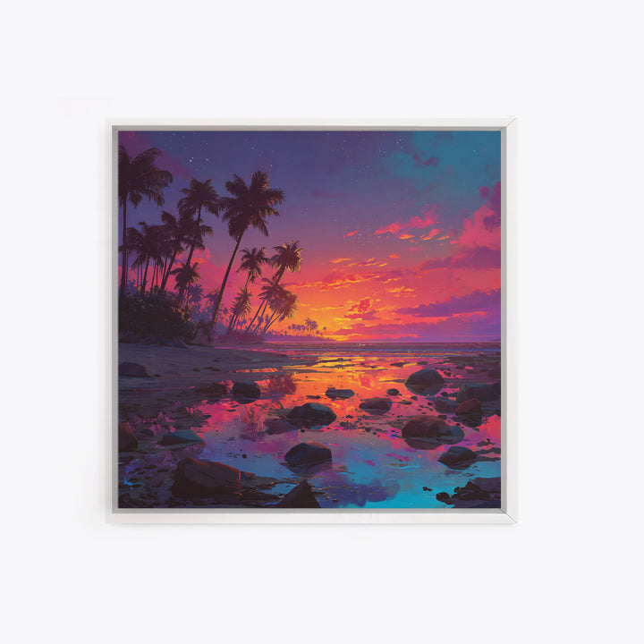 Serene Tropical Sunset With Palm Trees Reflection Over Water Vibrant Wall Art Framed Canvas Print For Coastal Home Decor