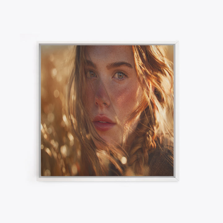 Golden Hour Portrait Of Woman Wall Art, Freckled Girl Close Up Painting, Feminine Modern Art Print, Bedroom Romantic Canvas