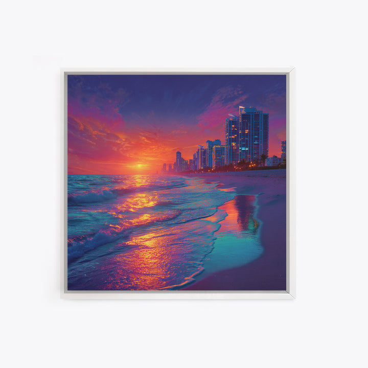 Vibrant City Beach Sunset Skyline Canvas Print, Colorful Coastal Wall Art, Modern Ocean Painting Living Room Home Decor