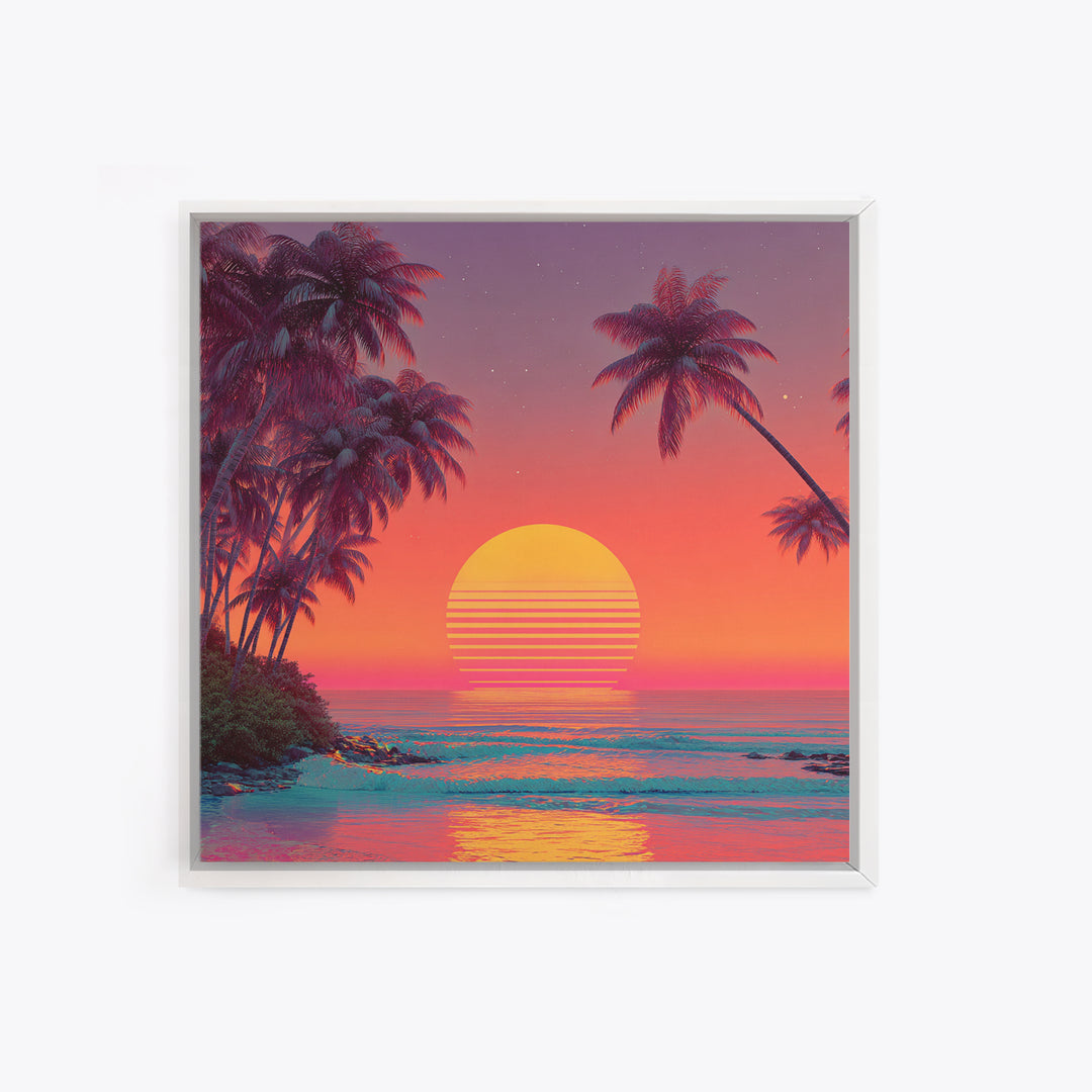 Retro Tropical Sunset Beach With Palm Trees Neon Wall Art, Colorful Coastal Canvas Print, Summer Room Decor