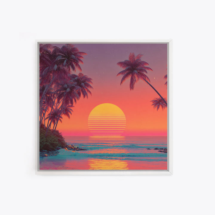 Retro Tropical Sunset Beach With Palm Trees Neon Wall Art, Colorful Coastal Canvas Print, Summer Room Decor
