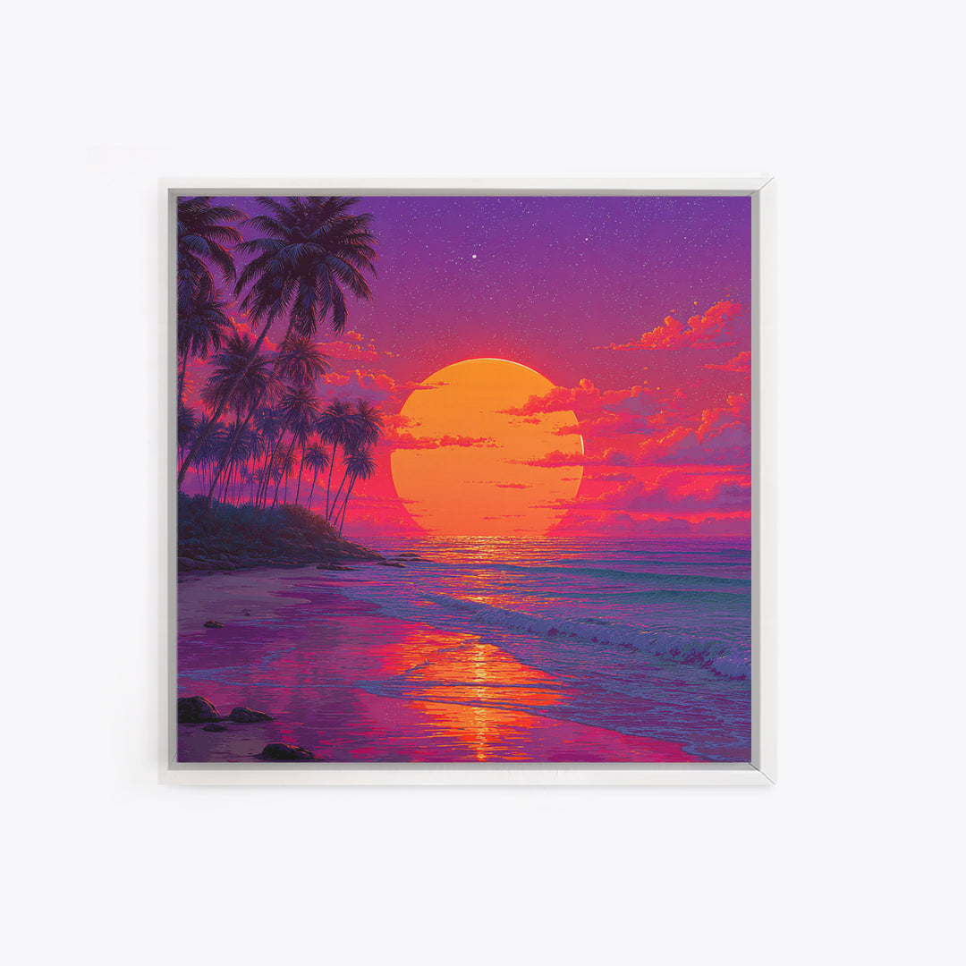 Vibrant Tropical Sunset Beach Wall Art, Palm Tree Ocean Horizon Print, Retro Coastal Summer Decor Canvas Print