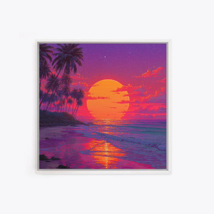 Vibrant Tropical Sunset Beach Wall Art, Palm Tree Ocean Horizon Print, Retro Coastal Summer Decor Canvas Print