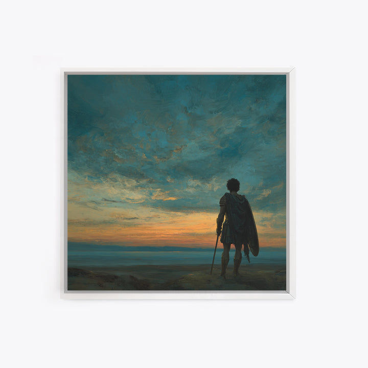 Dark Dramatic Sunset With Ancient Warrior Standing On Hill Wall Art Oil Painting Framed Canvas Print