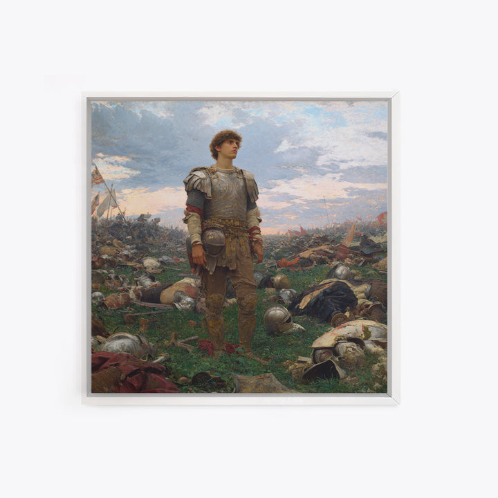 Young Knight Standing After Battle Wall Art, Medieval Warrior Oil Painting, Historical Landscape, Statement Decor, Gift For Him