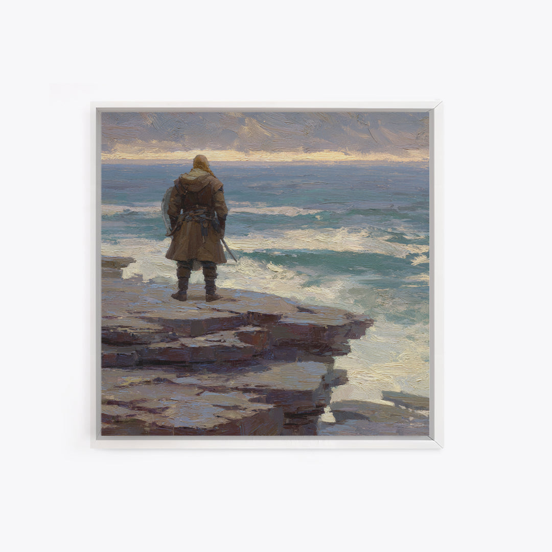 Lone Warrior On Ocean Cliff, Moody Coastal Landscape Wall Art, Viking Seascape Canvas Print, Masculine Office Decor, Gift For Him