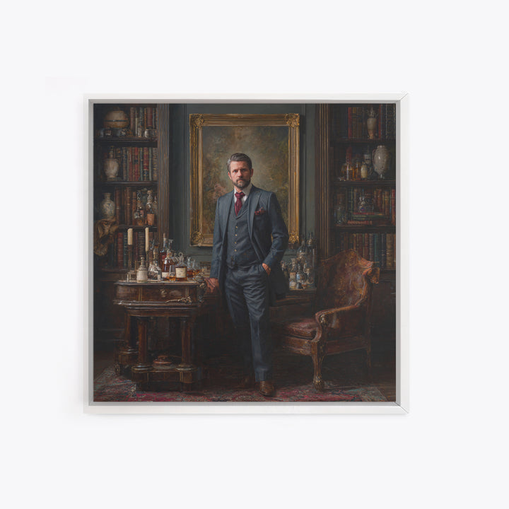 Dapper Gentleman In Antique Study Framed Canvas Print, Moody Portrait Oil Painting, Masculine Office Decor, Dark Academia Art