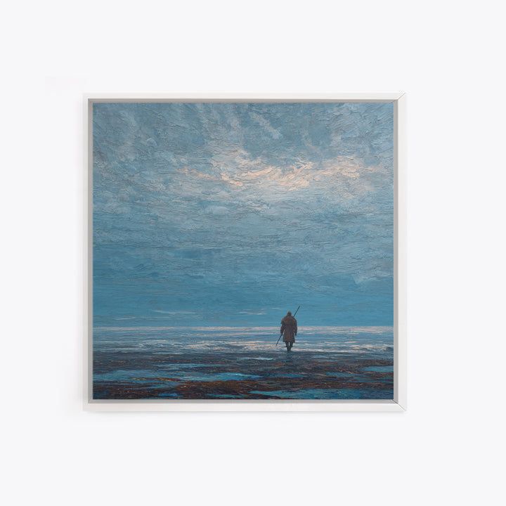 Lone Wanderer Crossing Icy Blue Shore Canvas Print, Minimalist Seascape Art, Calming Wall Art, Serene Coastal Bedroom Decor