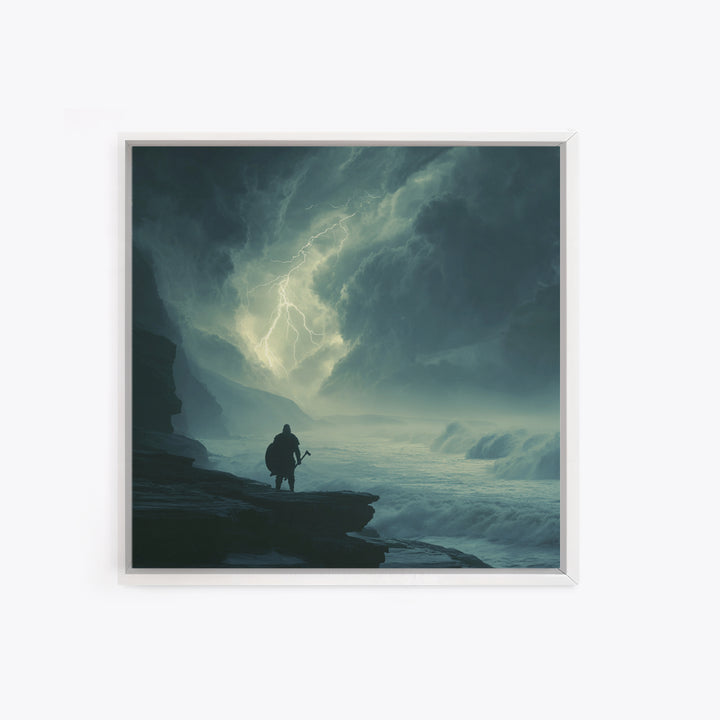 Lone Viking Facing Lightning Over Stormy Sea Wall Art, Dark Seascape Art, Fantasy Wall Decor, Moody Coastal Decor, Gift For Him