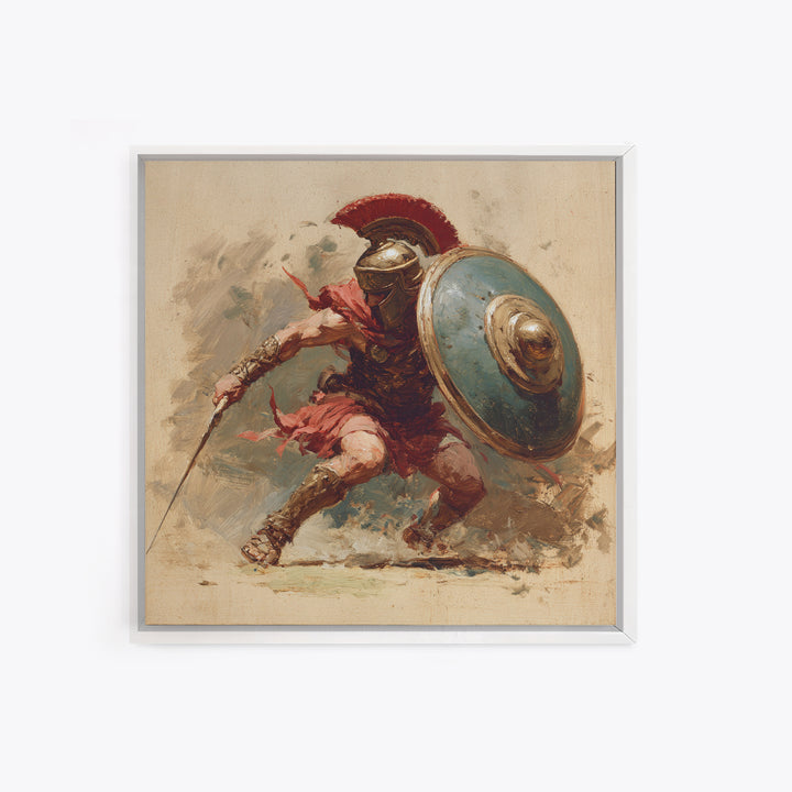 Spartan Warrior With Shield Wall Art, Red Plume Gladiator Action Painting, Bold Classical Canvas Print For Game Room Decor