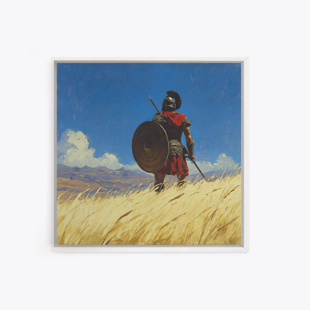 Spartan Warrior In Golden Field Framed Canvas Print, Ancient Greece Landscape, Masculine Wall Art, Western Office Decor Gift