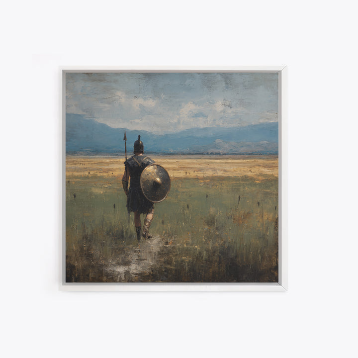 Lone Hoplite Crossing Golden Plains Wall Art, Ancient Greek Landscape Oil Painting, Historical Decor, Masculine Art Print