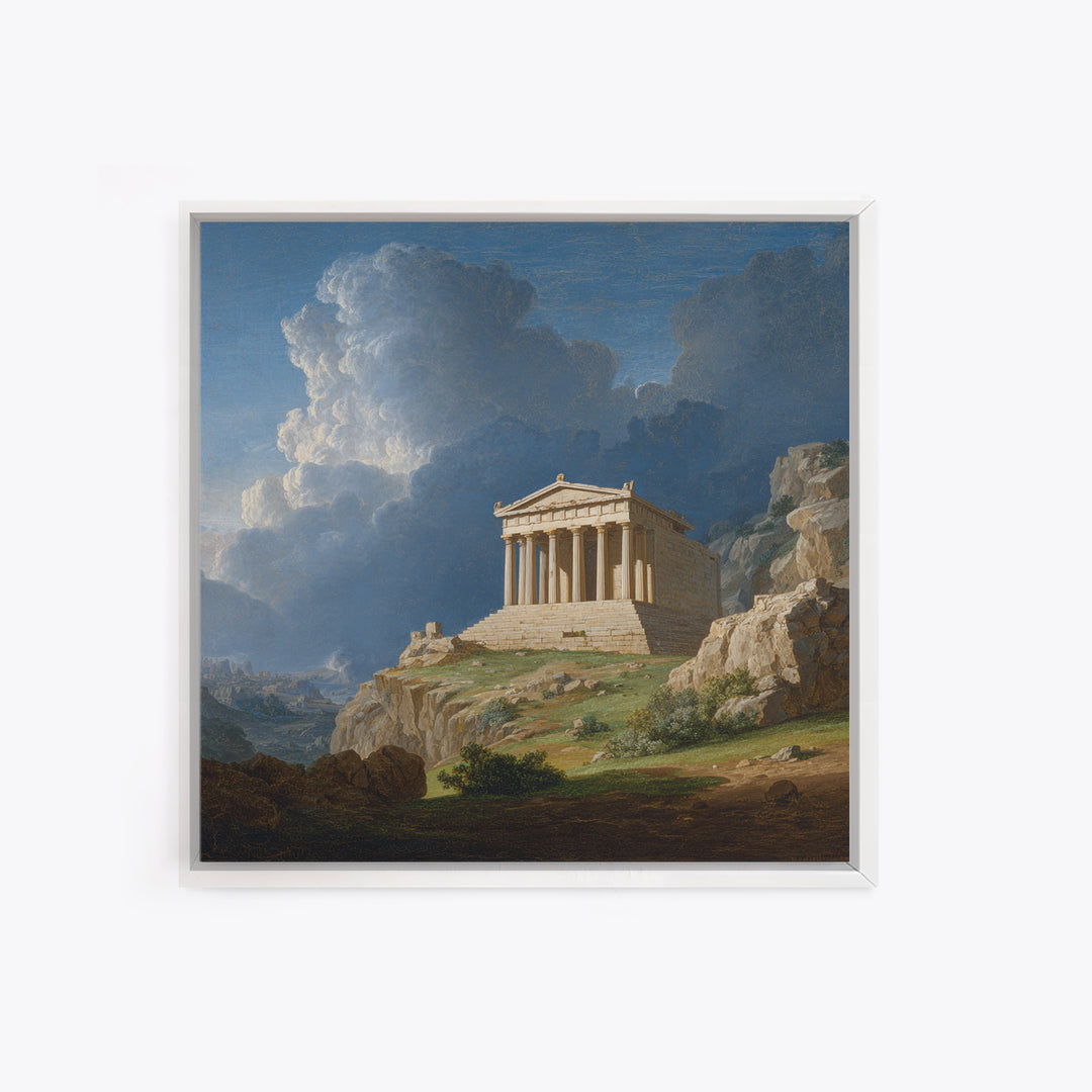 Classical Greek Temple On Rocky Hill Canvas Print, Ancient Architecture Wall Art, Mediterranean Landscape, Elegant Home Decor
