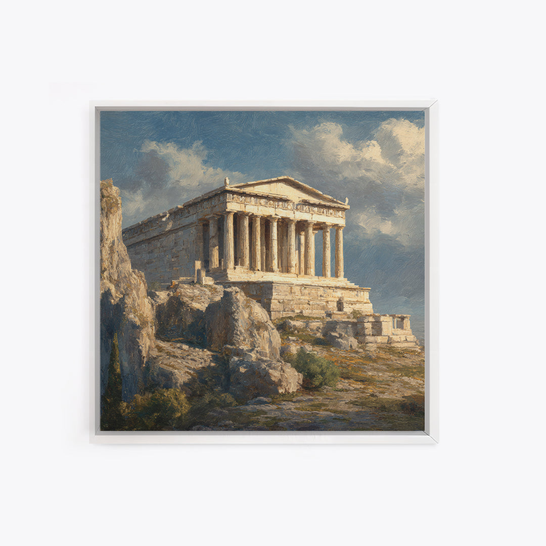 Sunlit Greek Temple On Rocky Acropolis Wall Art, Classical Architecture Oil Painting, Ancient Greece Decor, Fine Art Print