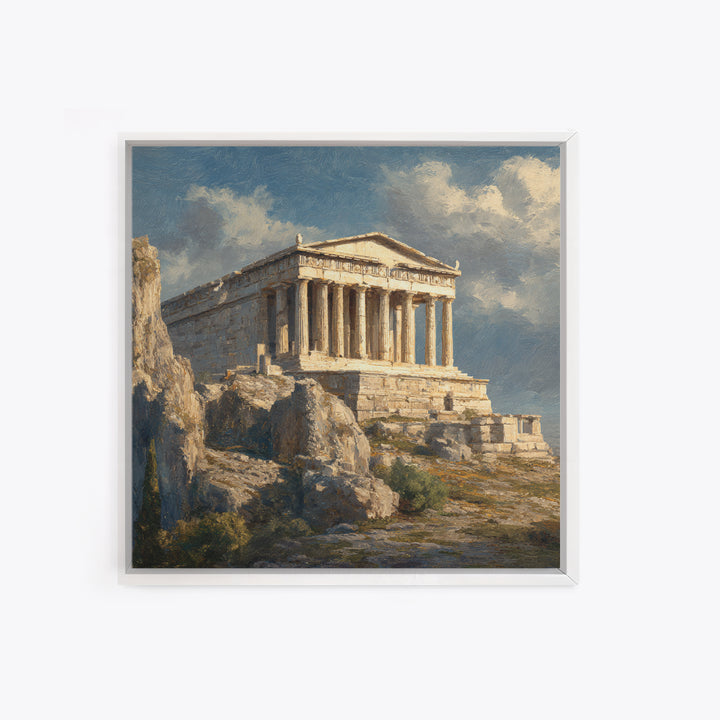 Sunlit Greek Temple On Rocky Acropolis Wall Art, Classical Architecture Oil Painting, Ancient Greece Decor, Fine Art Print
