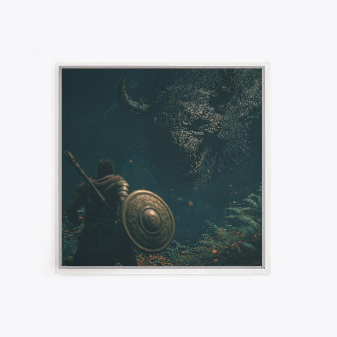 Hero Facing Giant Mythic Beast In Dark Forest Canvas Print, Fantasy Wall Art, Monster Art, Gothic Decor, Gift For Him, Dark Art