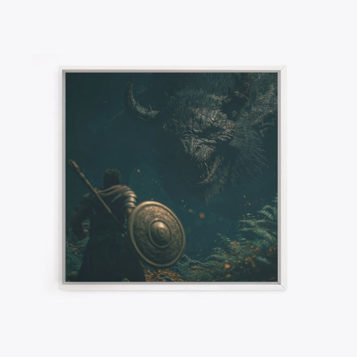 Hero Facing Giant Mythic Beast In Dark Forest Canvas Print, Fantasy Wall Art, Monster Art, Gothic Decor, Gift For Him, Dark Art