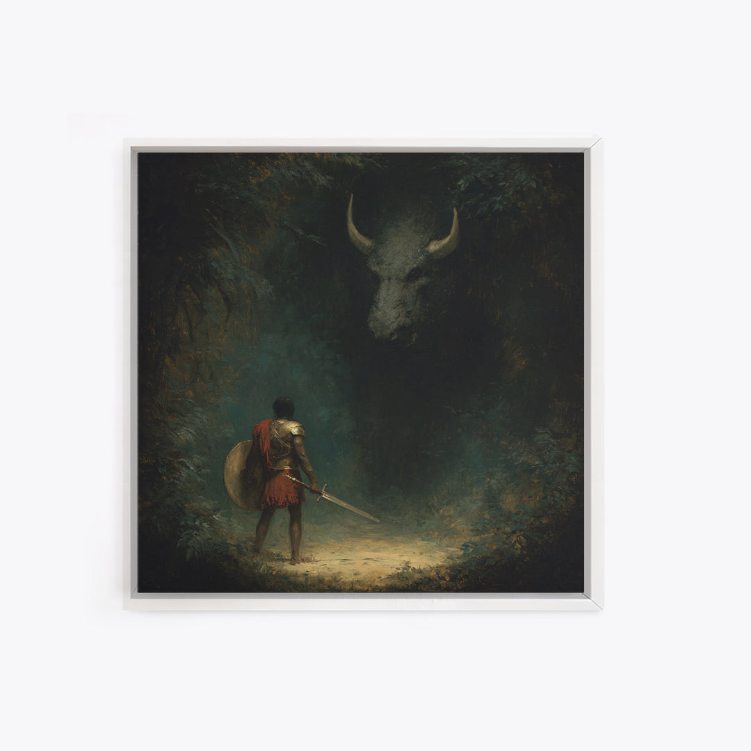 Hero Facing Shadow Minotaur In Dark Forest Framed Canvas Print, Mythological Fantasy Art, Moody Wall Decor, Gothic Art Gift