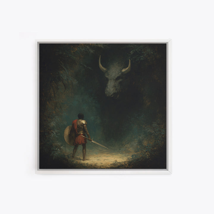Hero Facing Shadow Minotaur In Dark Forest Framed Canvas Print, Mythological Fantasy Art, Moody Wall Decor, Gothic Art Gift